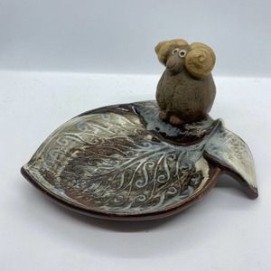 Pottery Craft USA Stoneware Ram Leaf Trinket Ring Soap Dish Swirls Brown Blue